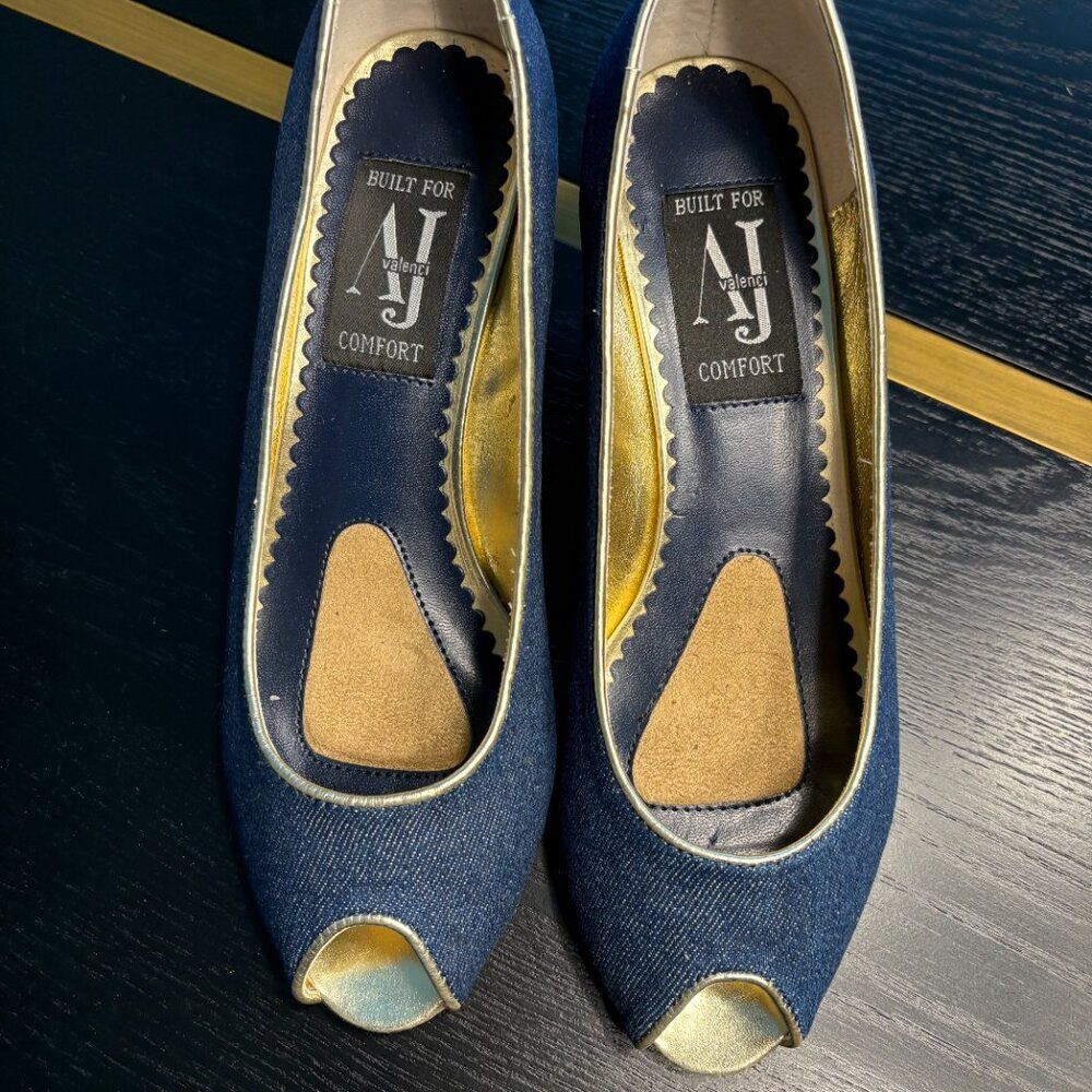 A J Valenci Peep Toe Denim Wedge Pumps Blue Gold Trim Size 9W – EUC - Picture 7 of 10